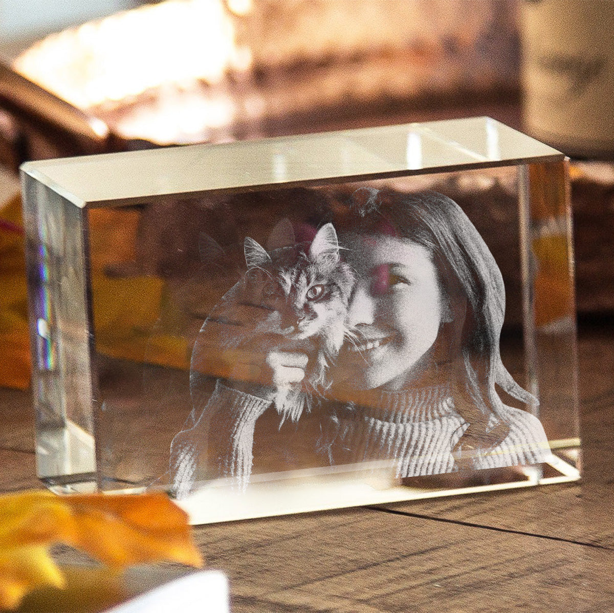 Lampe en cristal 3D cubique gravée au laser avec photo personnalisée - Chat