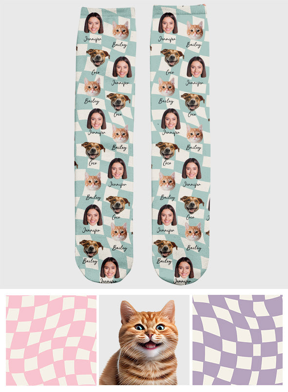 Chaussettes personnalisées pour chat avec n'importe quelle photo à télécharger sur un motif à carreaux et de nombreuses couleurs de fond - Chaussettes personnalisées pour chat