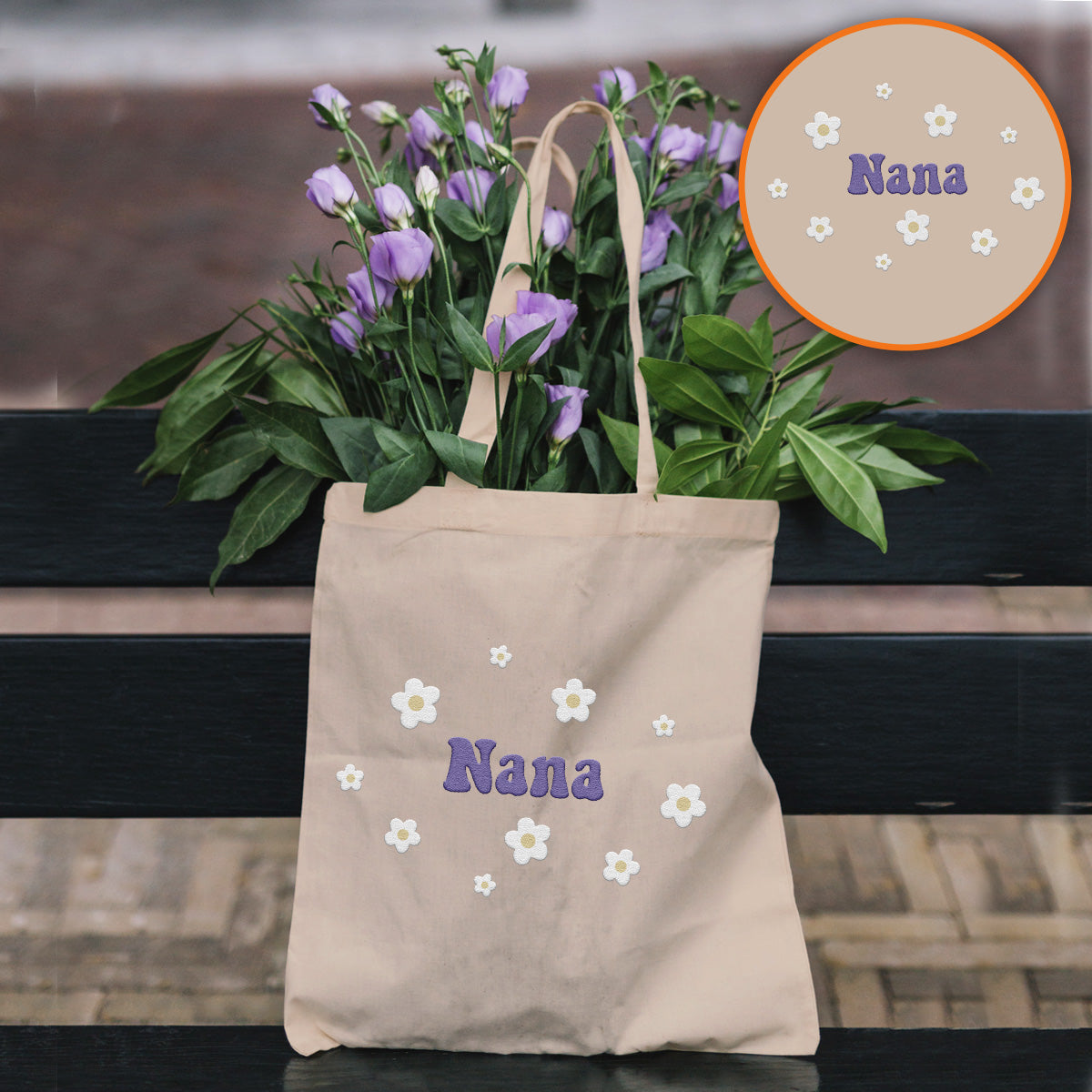 Sac fourre-tout brodé personnalisé avec nom et fleur - Nom de grand-mère - Sac fourre-tout brodé personnalisé