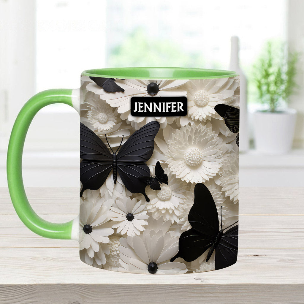 Elegant Black And White Butterflies And Flowers - Personalized Butterfly Accent Mug