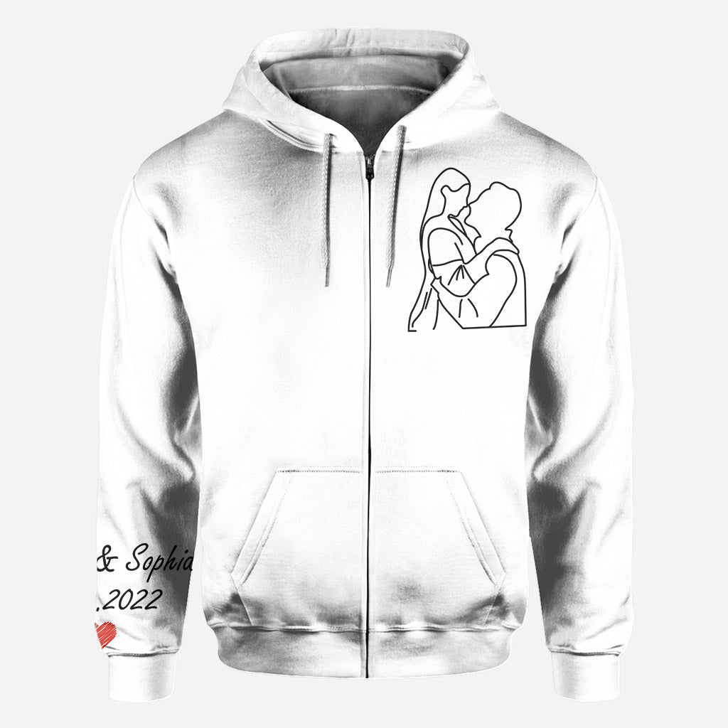 Portraits dessinés au trait personnalisés - T-shirt personnalisé mari et femme imprimé sur toute la surface