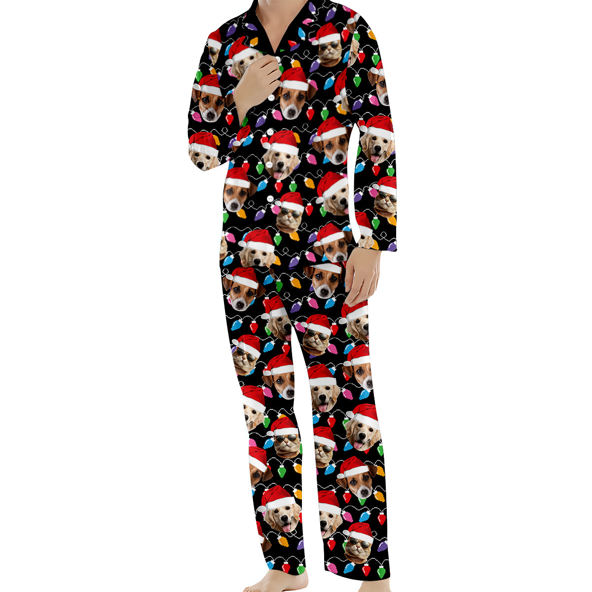 Any Photo Upload Colorful Christmas Light - Personalized Dog Button Down Pajamas