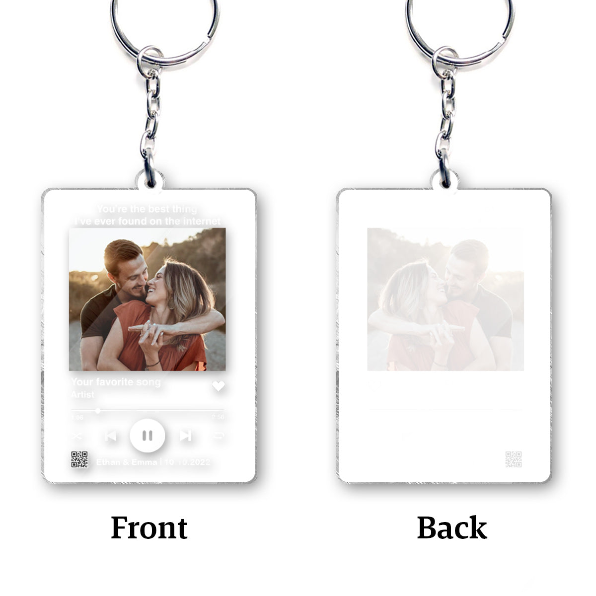 Porte-clés transparent personnalisé pour couple avec photo et chanson préférée (code QR scannable)