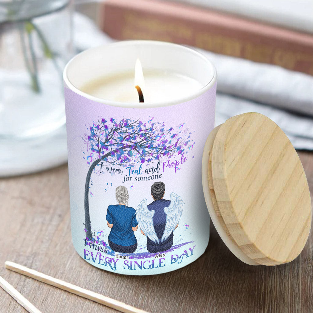 Je porte du turquoise et du violet - Bougie personnalisée de prévention du suicide avec couvercle en bois
