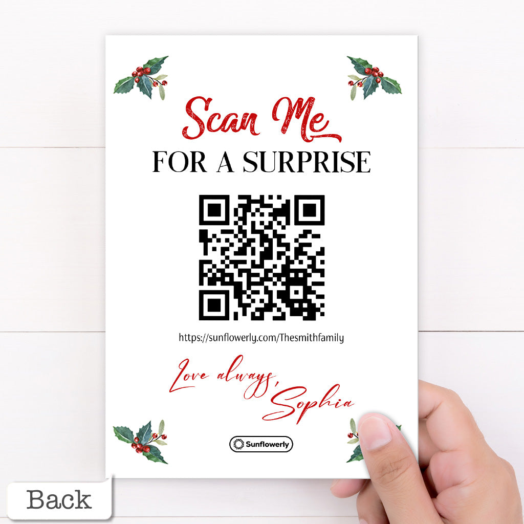 Carte de vœux personnalisée avec QR code « Joyeux Noël » et cheminée