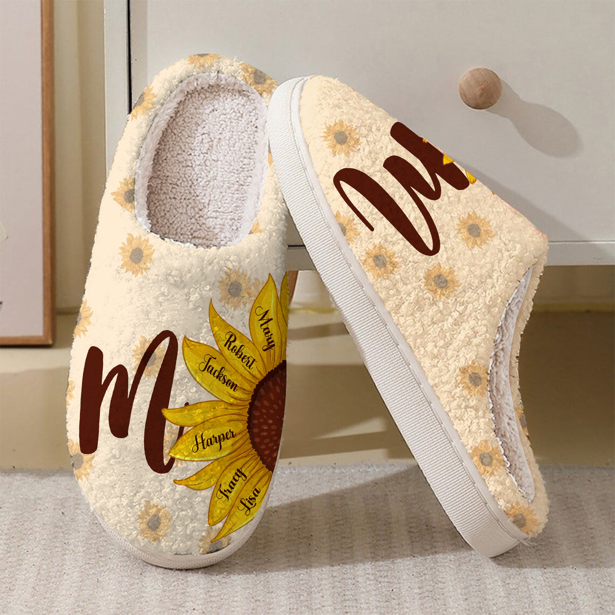 Pantoufles personnalisées pour maman et enfants, motif tournesol et papillons