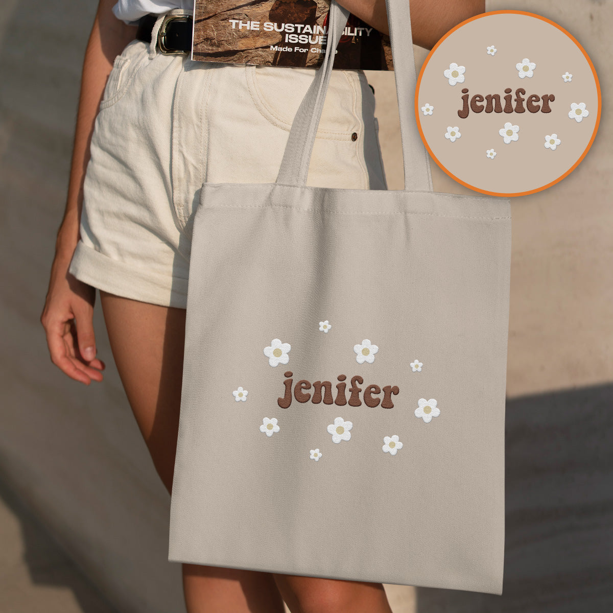 Sac fourre-tout brodé personnalisé avec nom et fleur - Sac fourre-tout brodé personnalisé pour frère/sœur