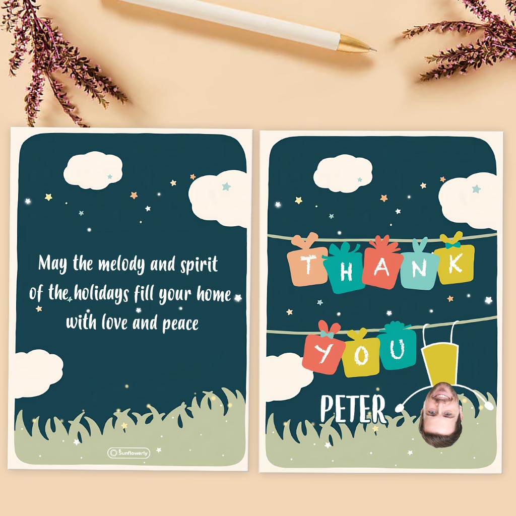 Merci / Je t'aime - Photo du pendu - Carte de vœux personnalisée