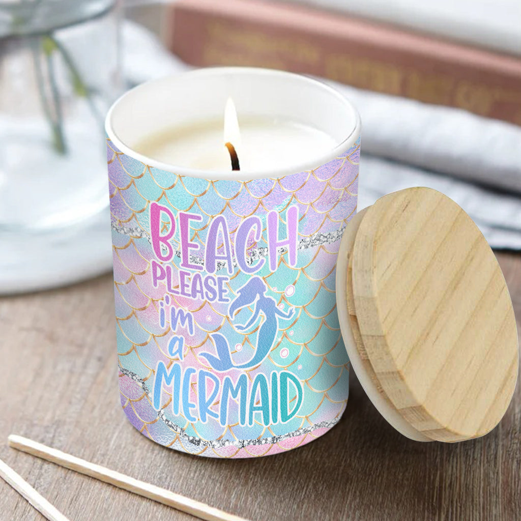 Bougie personnalisée « Beach Please I'm A Mermaid » avec couvercle en bois, idéale pour les amoureux de la mer