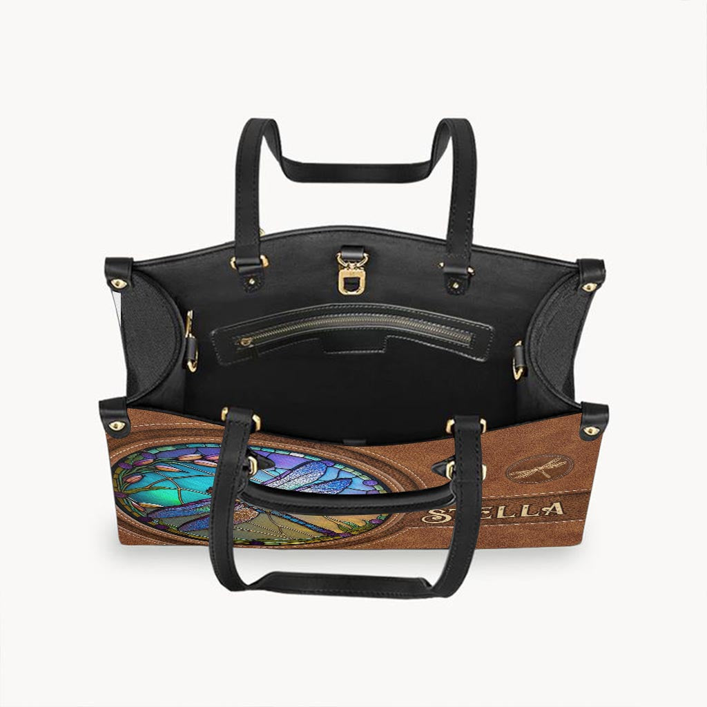 Stained Glass Dragonfly - Personalized Dragonfly Leather Handbag