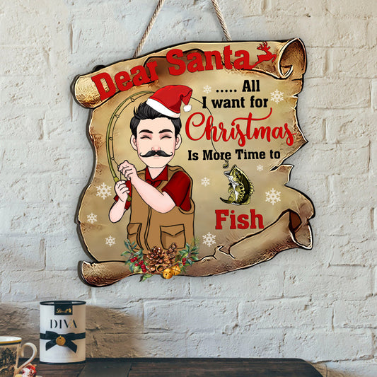 Cher Père Noël - Panneau en bois personnalisé sur le thème de la pêche