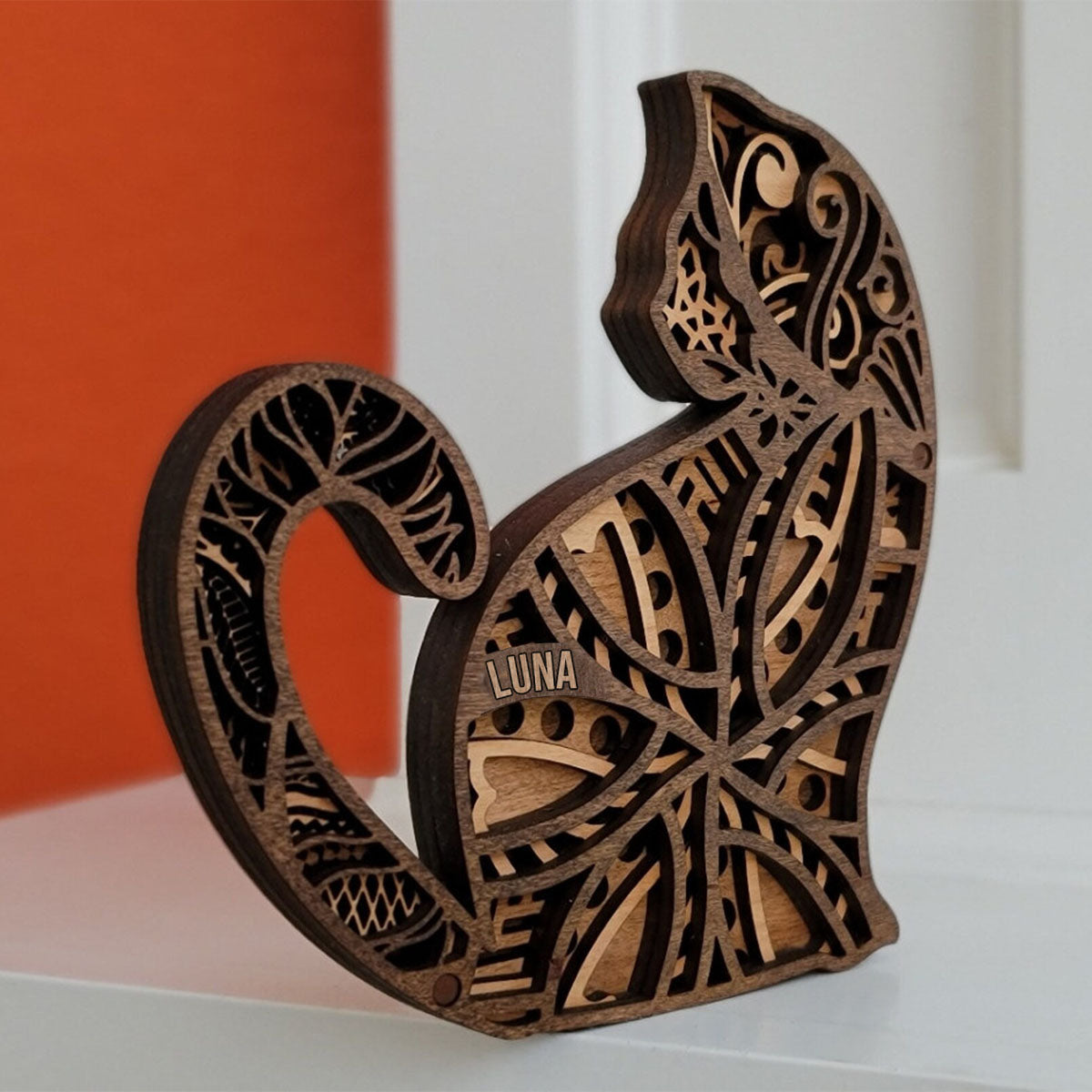 Sculpture de chat en bois personnalisée et artisanale - Chat personnalisé en bois à 4 couches