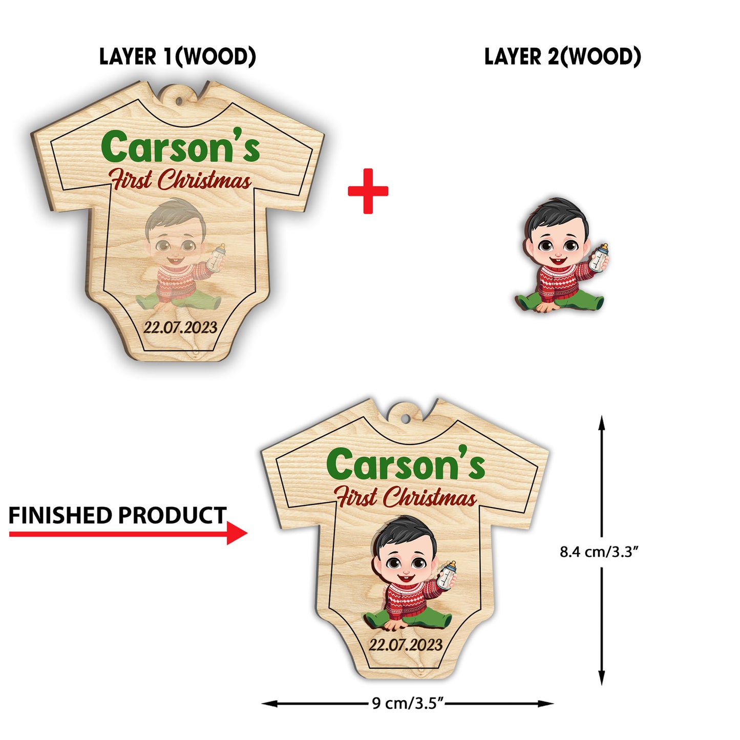 Le Premier Noël - Ornement personnalisé pour nouveau-né en 2 parties superposées