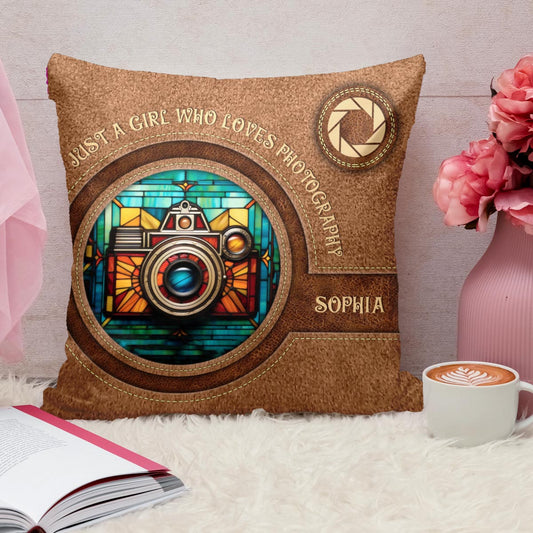 Coussin décoratif personnalisé « Juste une fille qui aime la photographie »