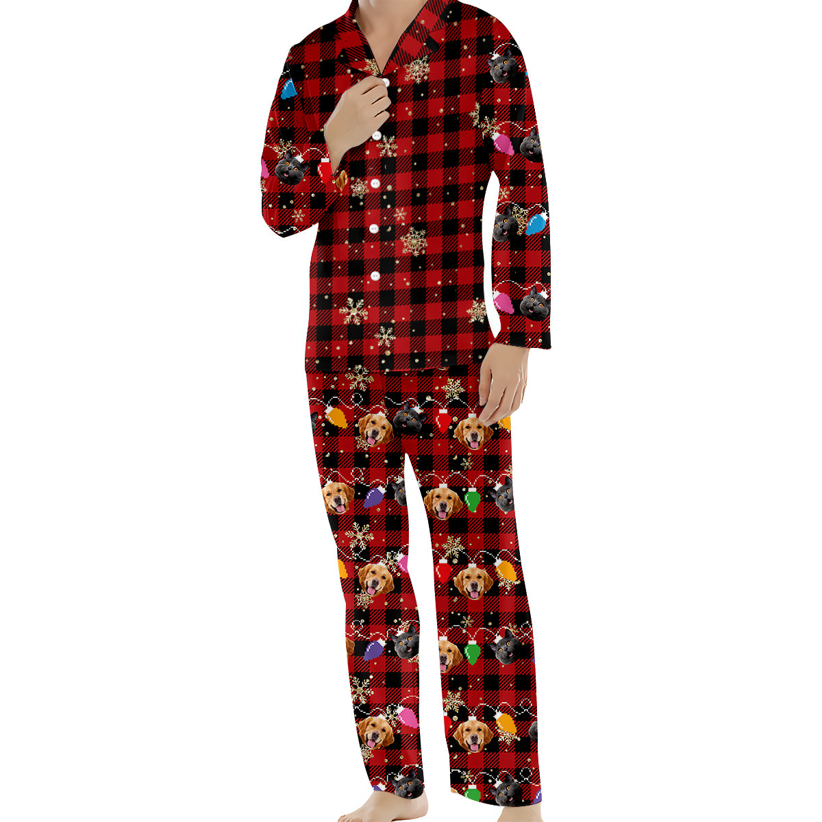 Guirlande lumineuse de Noël avec adorables visages de chiens et de chats - Cadeau pour les amoureux des chiens et des chats - Pyjama à boutons personnalisé