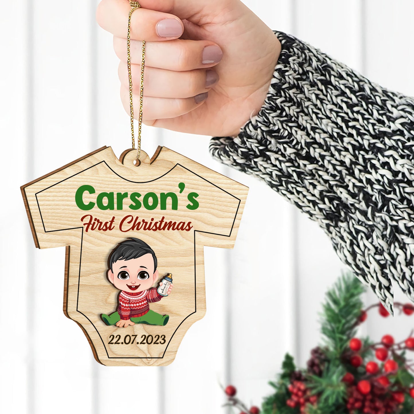 Le Premier Noël - Ornement personnalisé pour nouveau-né en 2 parties superposées