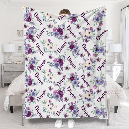 Couverture personnalisée avec nom et fleurs violettes - Couverture pour meilleure amie