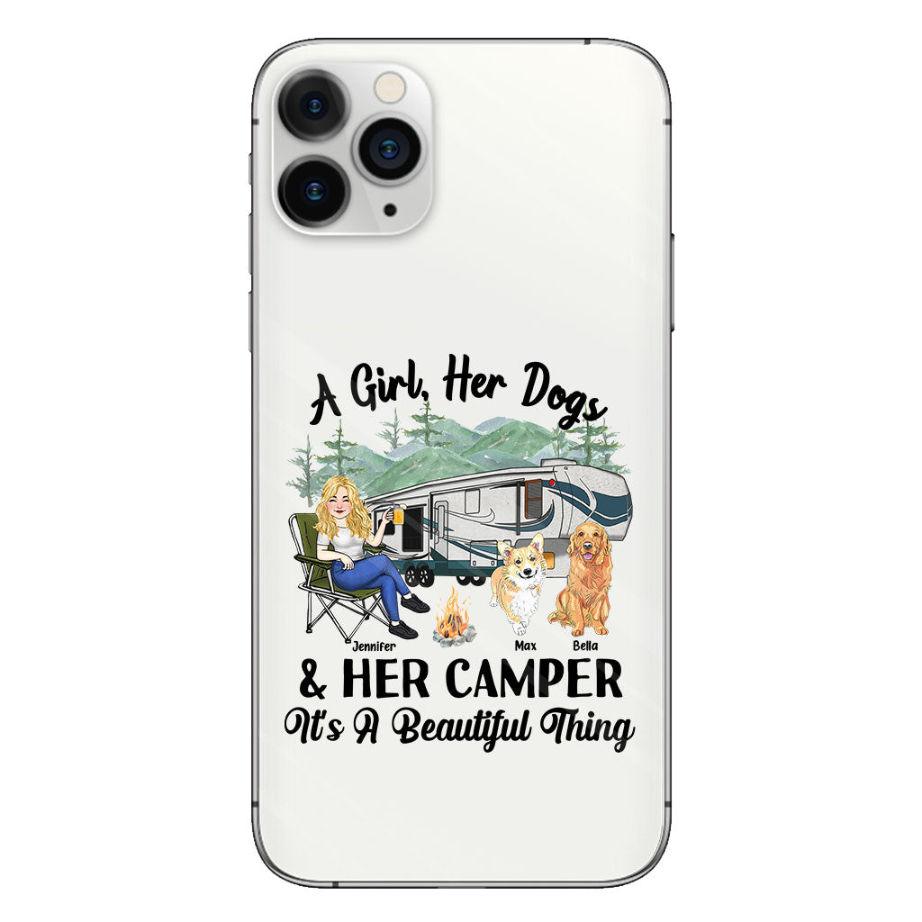 Une fille, son chien et sa caravane - Cadeau de camping pour les amoureux des chiens - Coque de téléphone transparente personnalisée