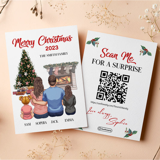 Carte de vœux personnalisée avec QR code « Joyeux Noël » et cheminée