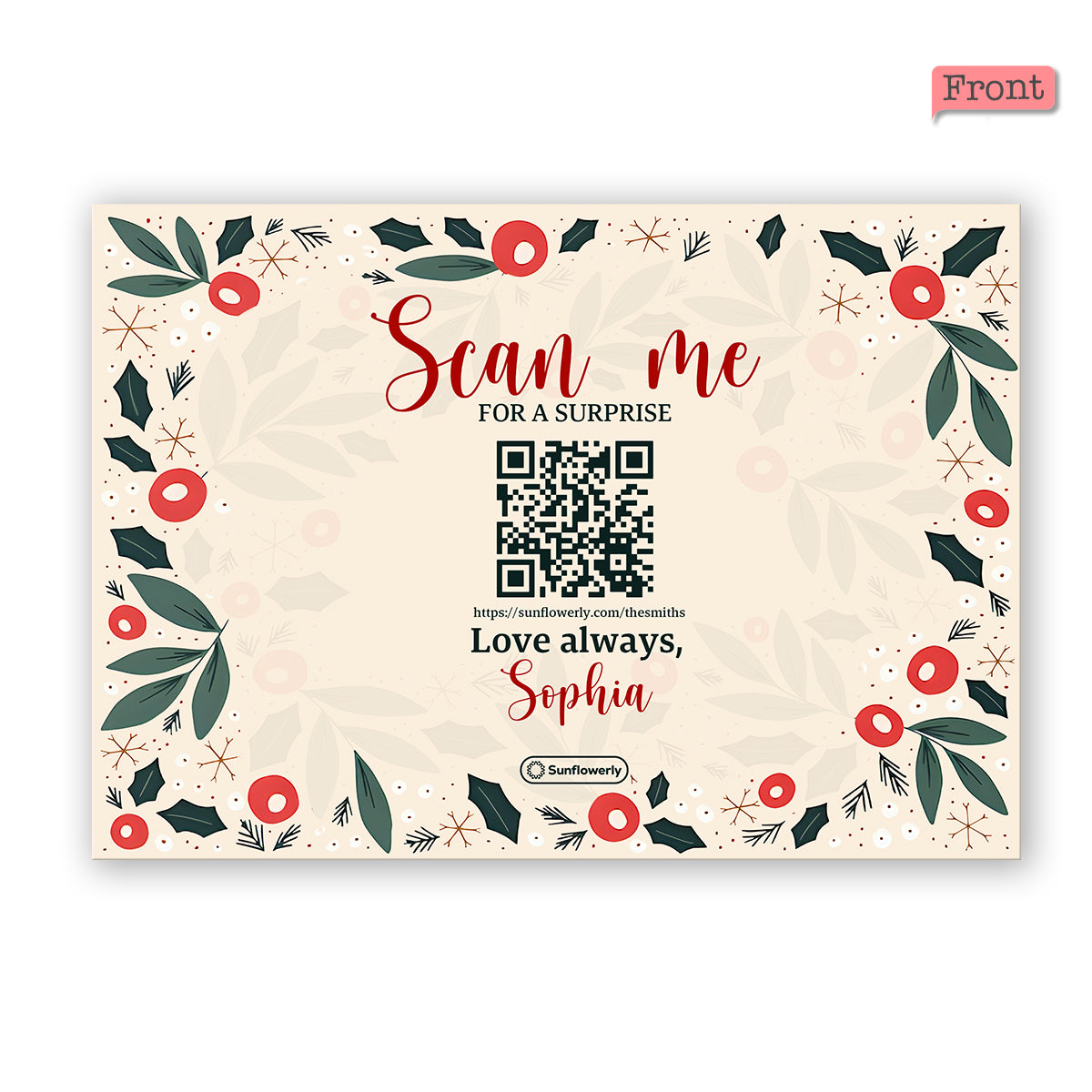 Carte de vœux personnalisée QR Code « Joyeux Noël » avec feuilles et baies