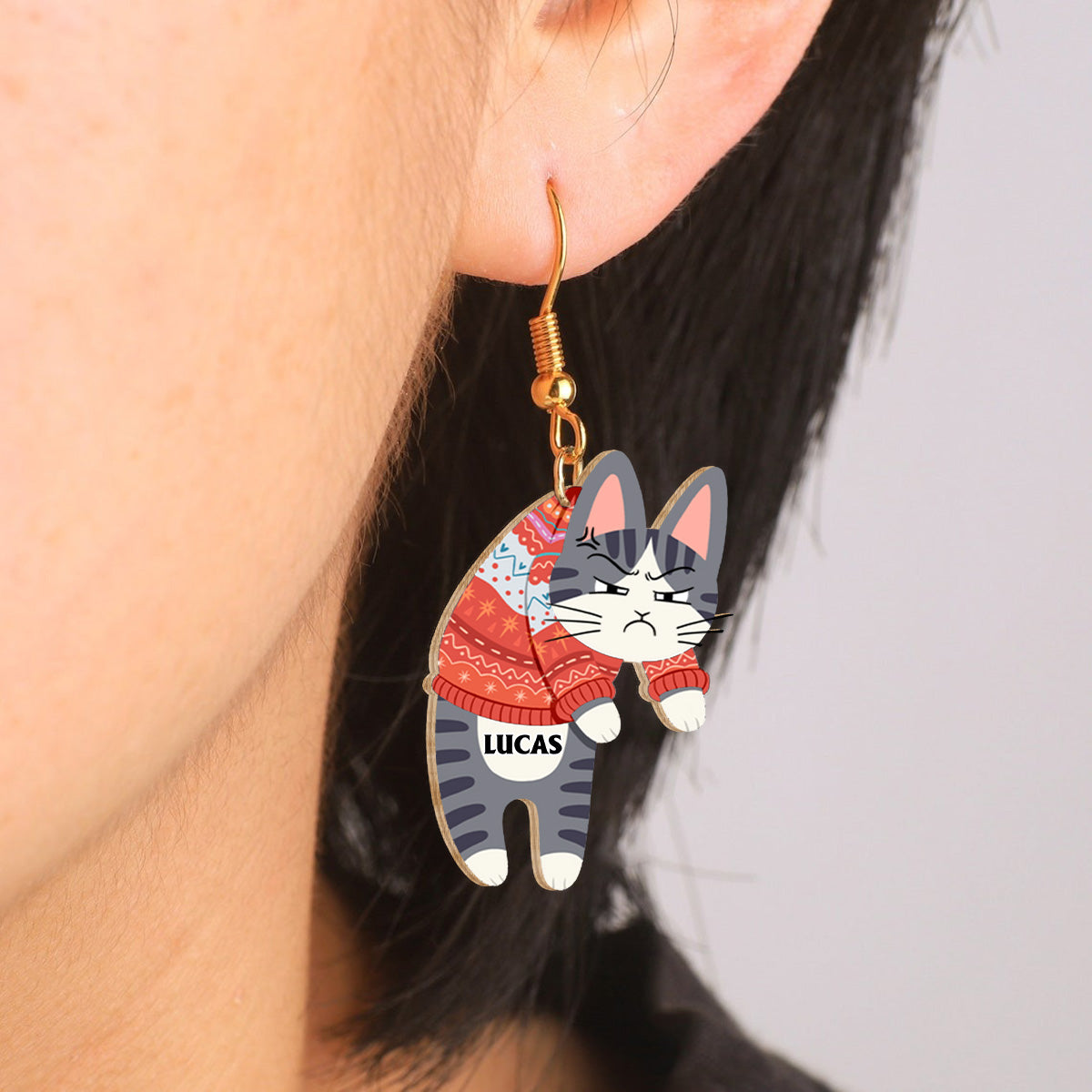 Chats suspendus personnalisés - Cadeau pour les amoureux des chats - Boucles d'oreilles en bois personnalisées
