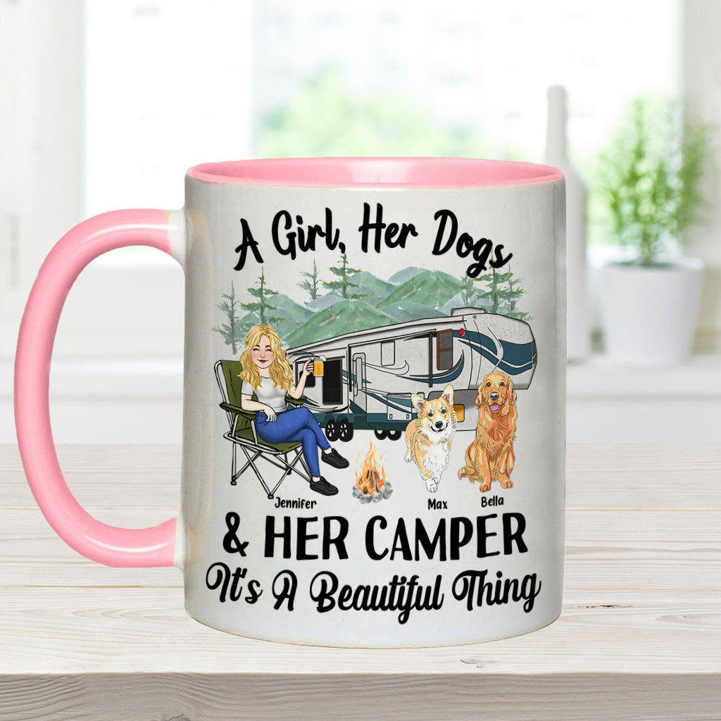 Une fille, son chien et sa caravane - Cadeau de camping pour les amoureux des chiens - Mug personnalisé
