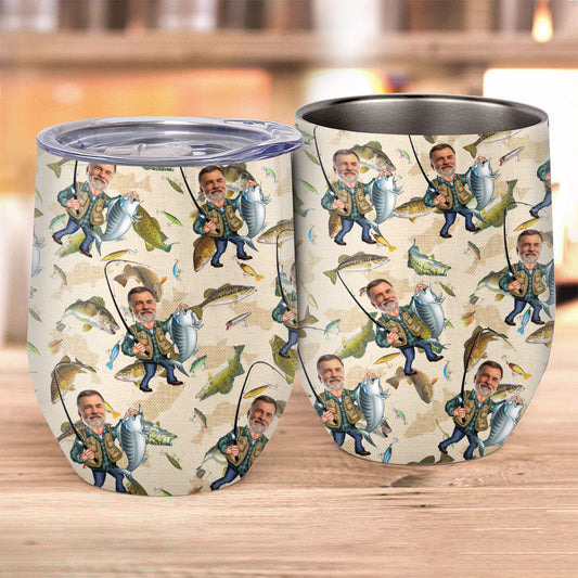 Gobelet à vin personnalisé sur le thème de la pêche avec photo humoristique