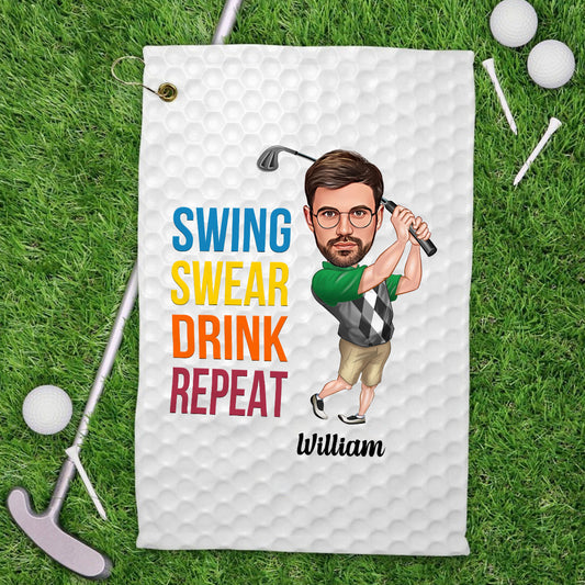 Serviette de golf personnalisée « Swing Swear Drink Repeat »