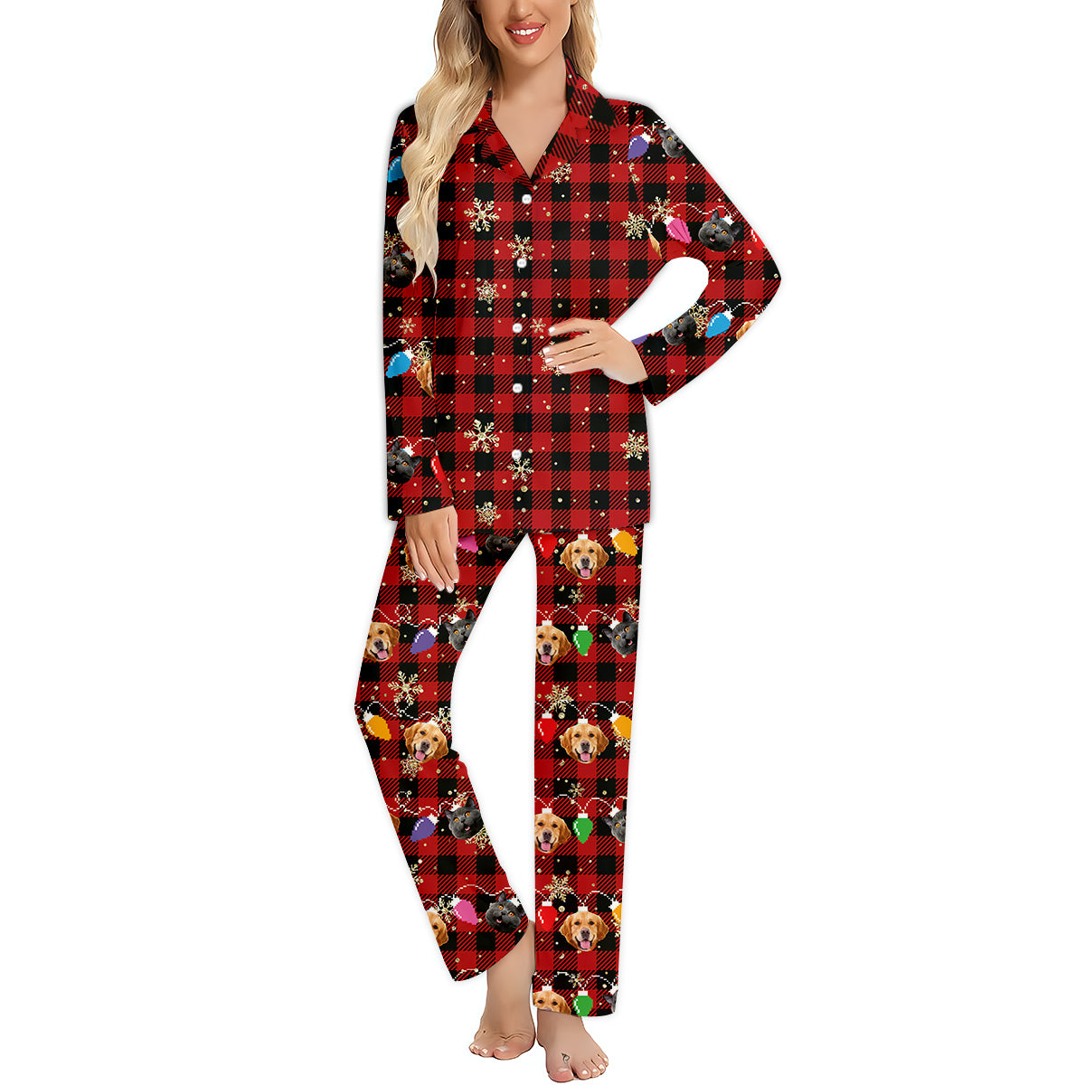 Guirlande lumineuse de Noël avec adorables visages de chiens et de chats - Cadeau pour les amoureux des chiens et des chats - Pyjama à boutons personnalisé