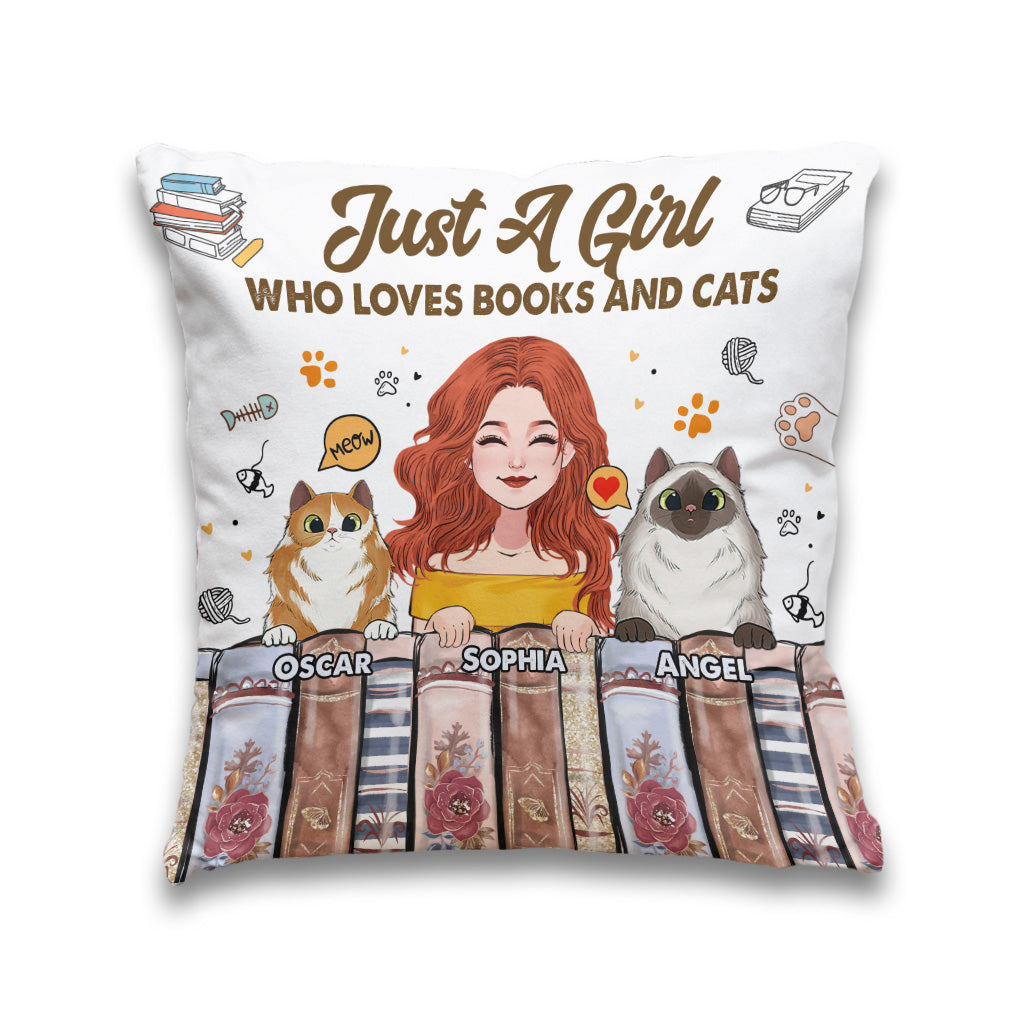 Coussin décoratif personnalisé « J’aime les livres et les chats »