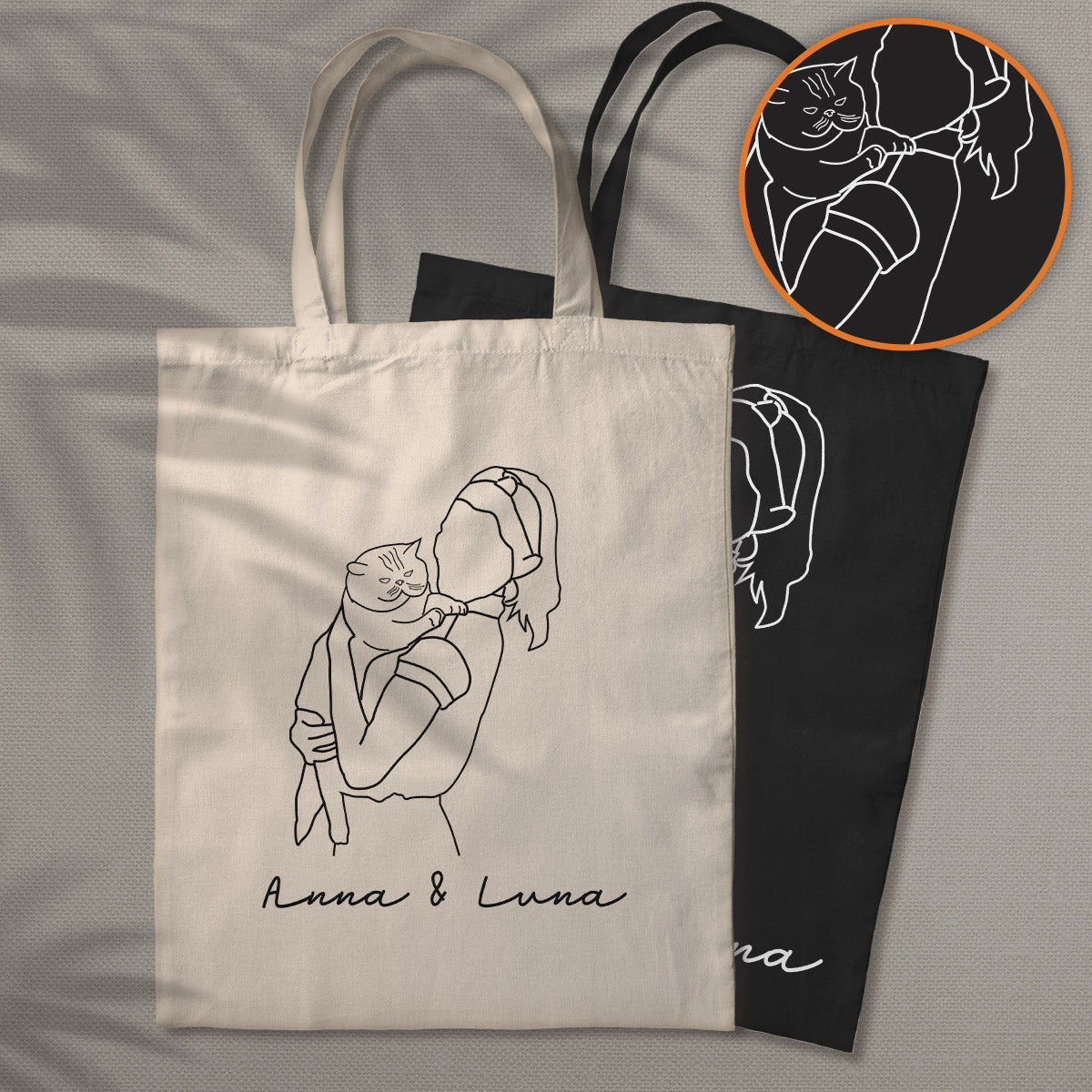 Sac fourre-tout brodé personnalisé avec photo au trait et motif chat
