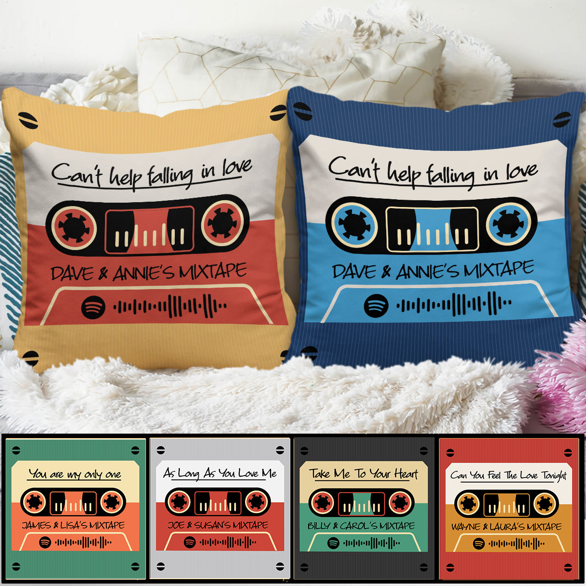 Coussin décoratif personnalisé pour couple avec un code QR à scanner et de nombreuses couleurs de fond, orné d'une mixtape personnalisée pour chaque couple.