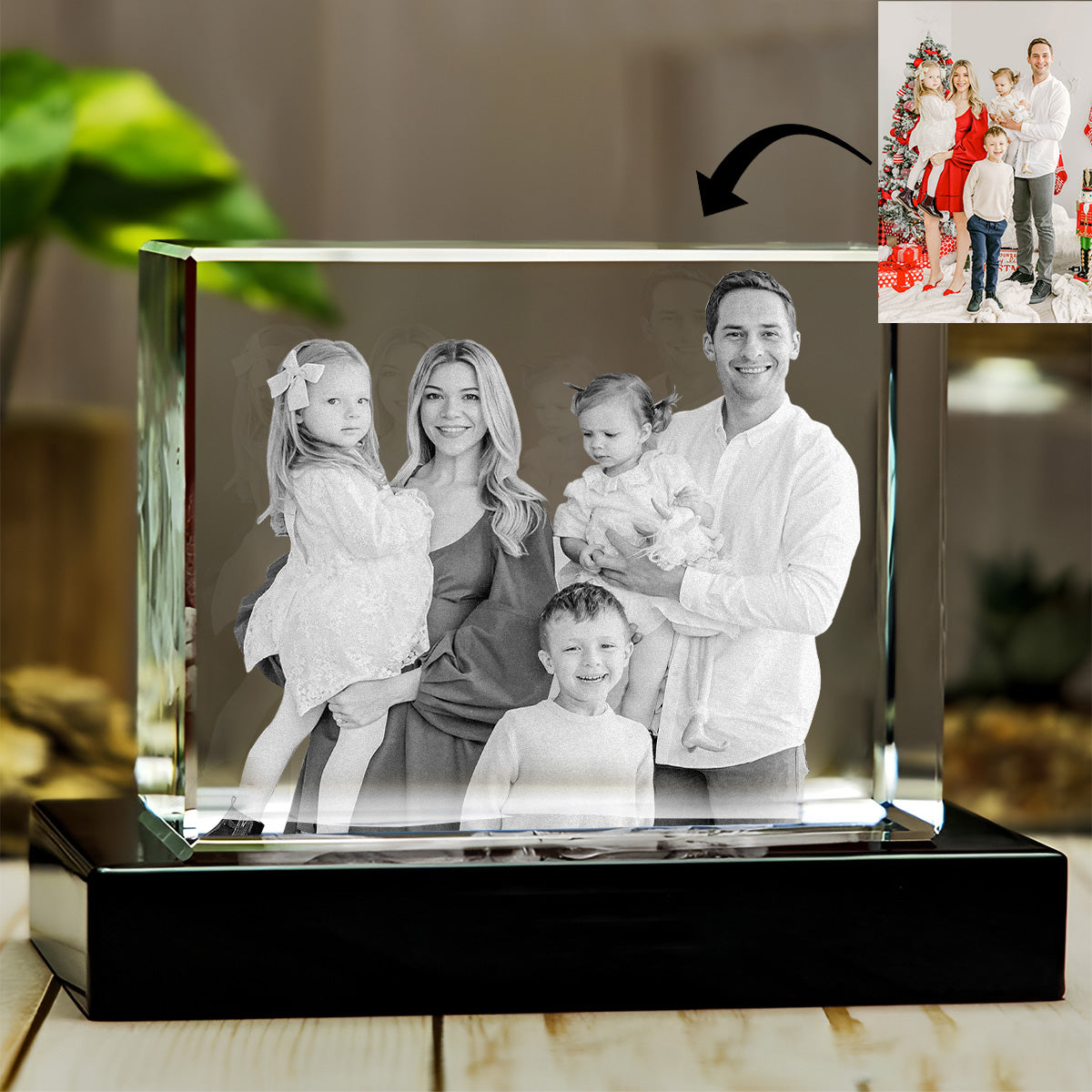 Lampe en cristal 3D cubique gravée au laser avec photo personnalisée - Modèle familial