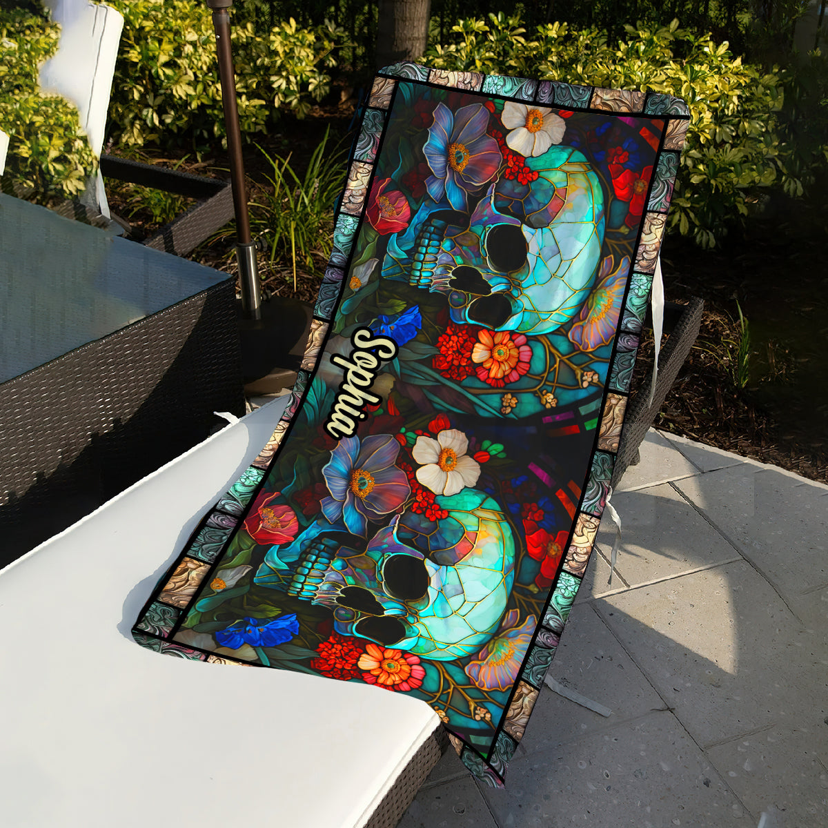 Serviette de plage personnalisée avec motif de crâne floral - Serviette de plage personnalisée avec motif de crâne