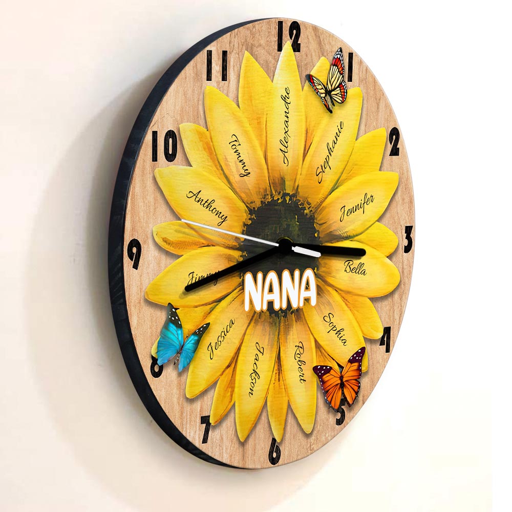 Horloge murale personnalisée « Grand-mère et petits-enfants tournesol »