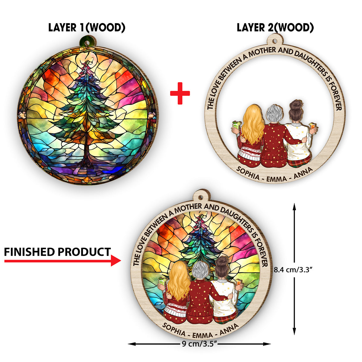 L'amour entre une mère et ses filles - Cadeau pour maman - Ornement personnalisé en deux parties