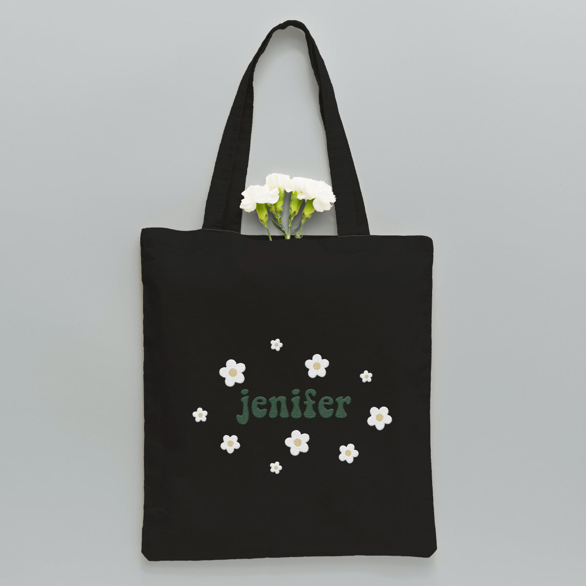 Sac fourre-tout brodé personnalisé avec nom et fleur pour couple