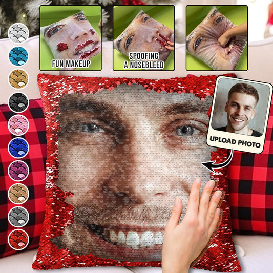 Coussin à sequins personnalisé avec visage amusant - Cadeau pour mari, femme, petit ami, petite amie - Housse de coussin à sequins personnalisée 
