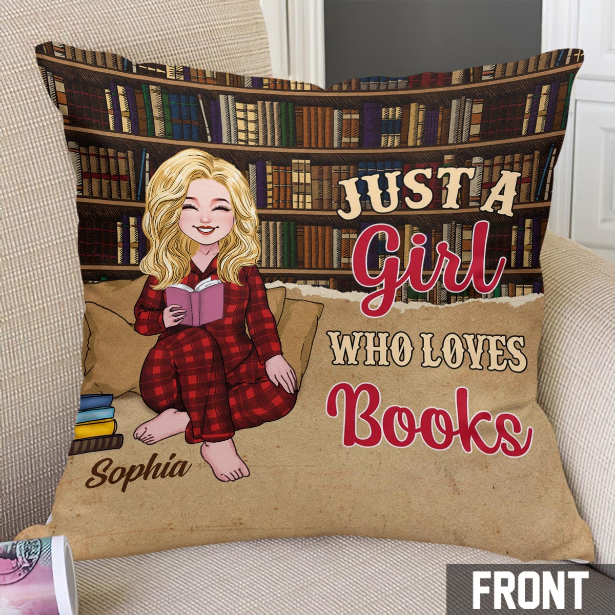 Coussin décoratif personnalisé « Juste une fille qui aime les livres »