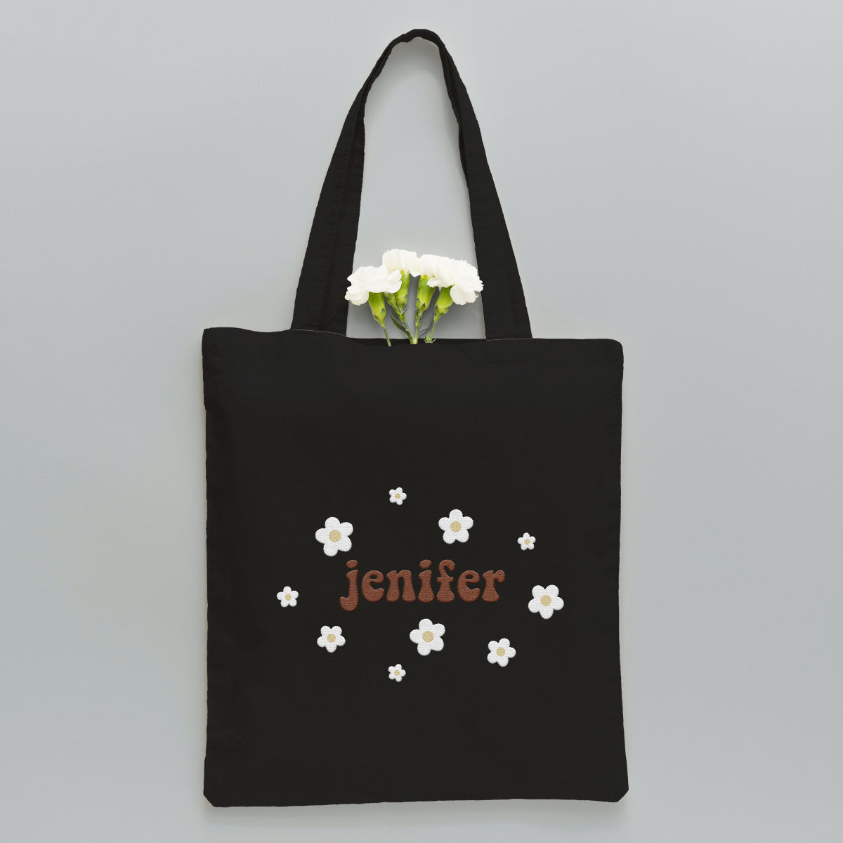 Sac fourre-tout brodé personnalisé avec nom et fleur - Fille