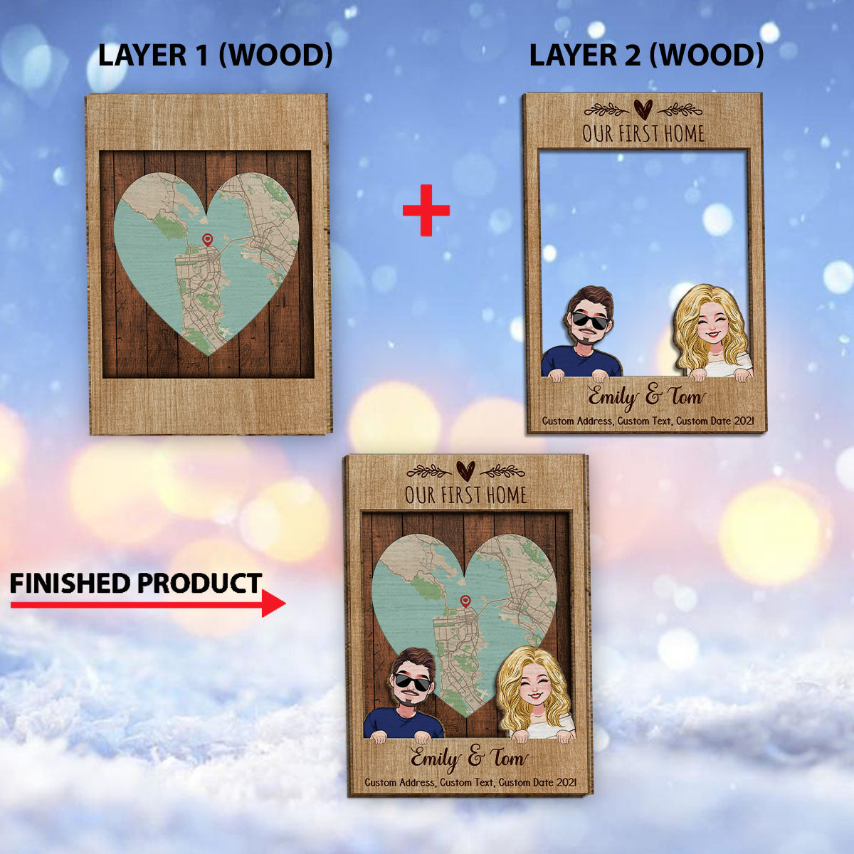 Notre première maison - Panneau/Plaque en bois personnalisé(e) à 2 couches pour pendaison de crémaillère