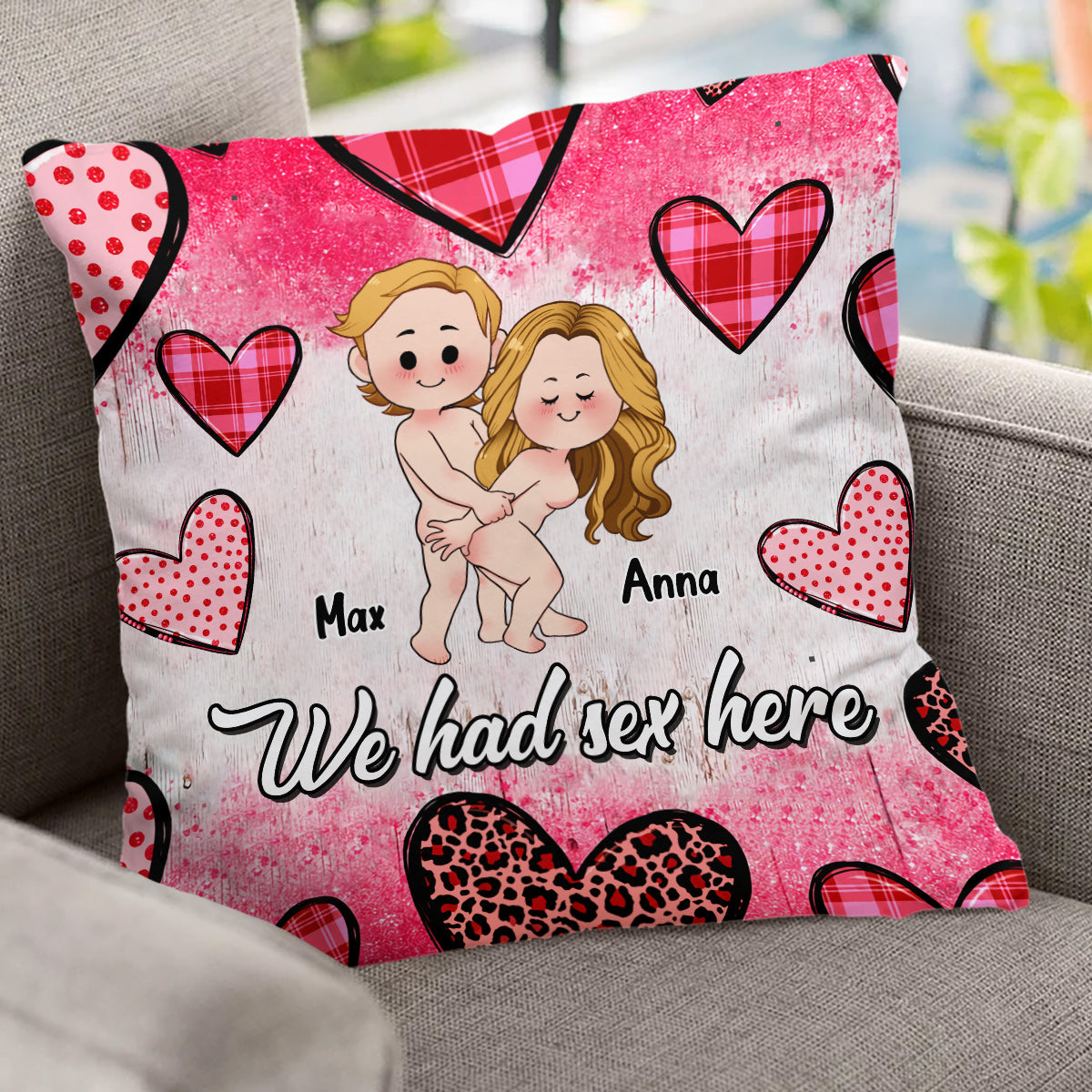 Nous avons fait l'amour ici et ici - Coussin décoratif personnalisé pour couple