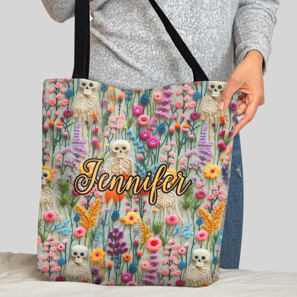 Sac fourre-tout personnalisé à motif floral squelette et crâne