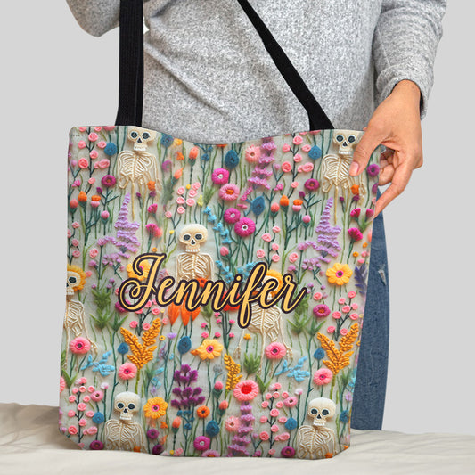 Sac fourre-tout personnalisé à motif floral squelette et crâne