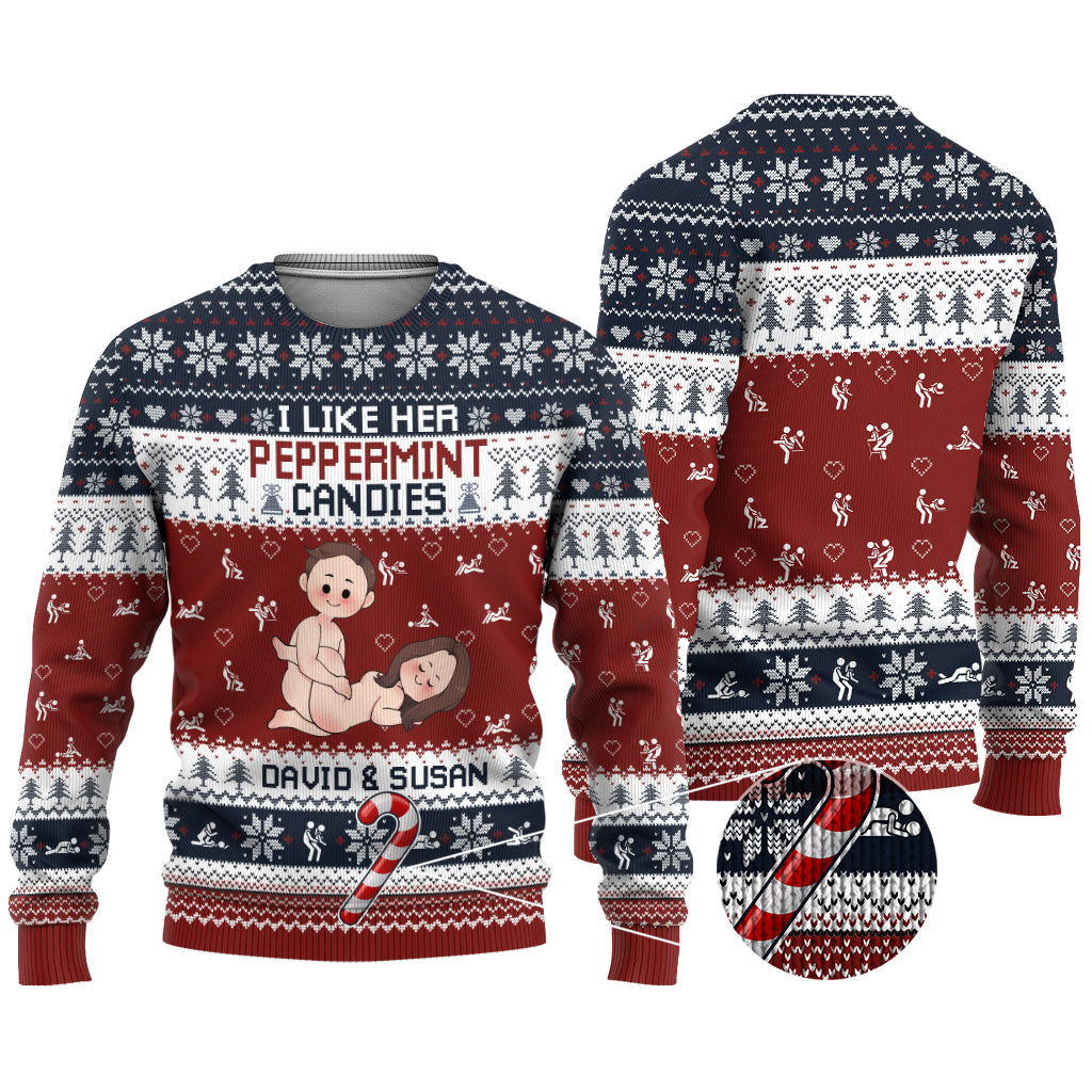 J'aime ses bonbons à la menthe, il aime sa canne de Noël - Pull moche personnalisé pour couple