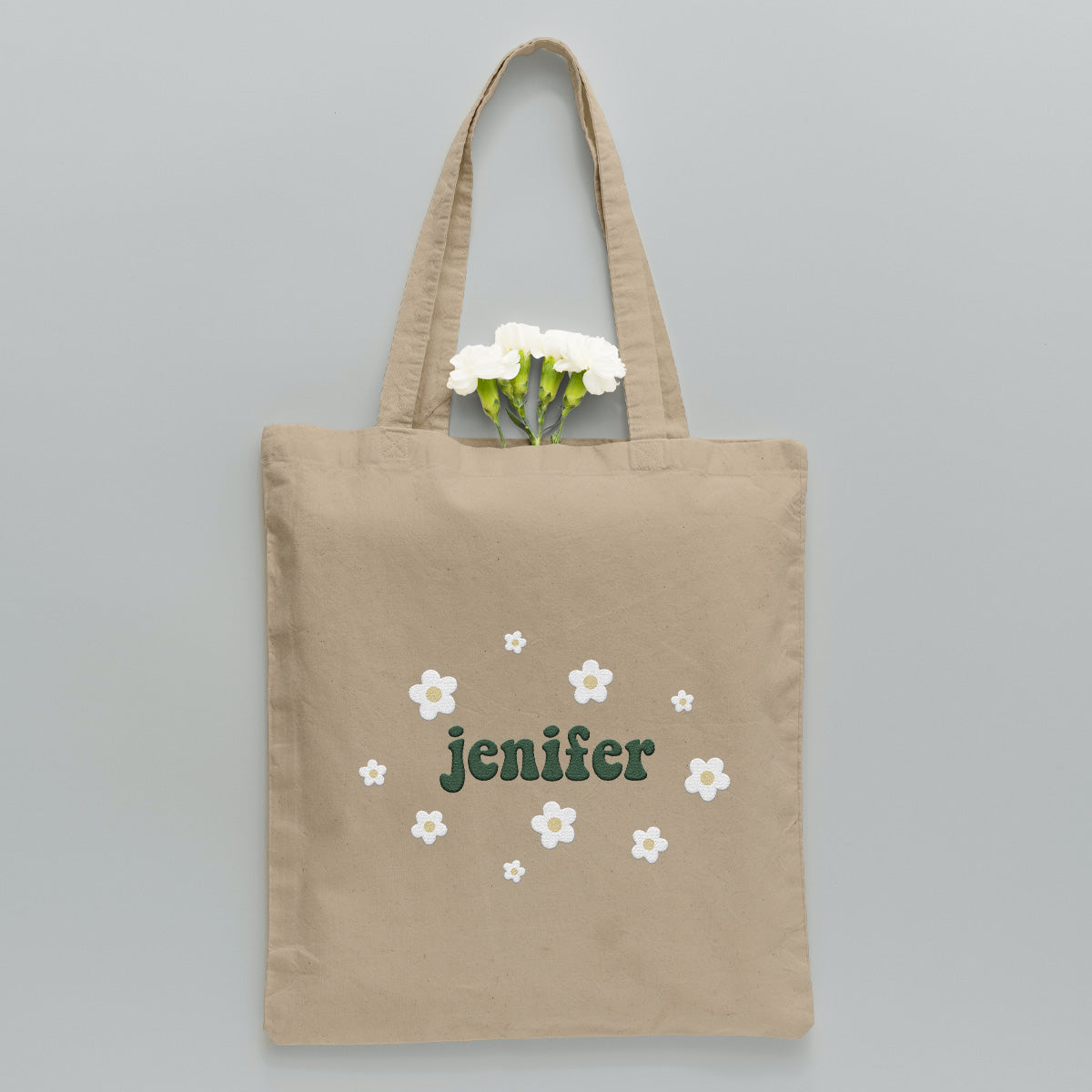 Sac fourre-tout brodé personnalisé avec nom et fleur pour couple