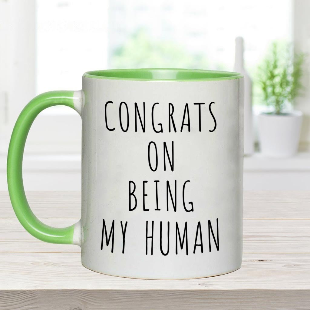 Félicitations pour être mon humain ! – Mug personnalisé avec motif chien