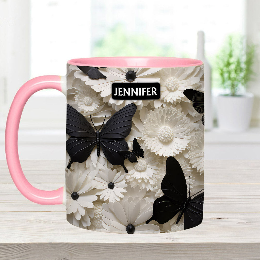 Elegant Black And White Butterflies And Flowers - Personalized Butterfly Accent Mug