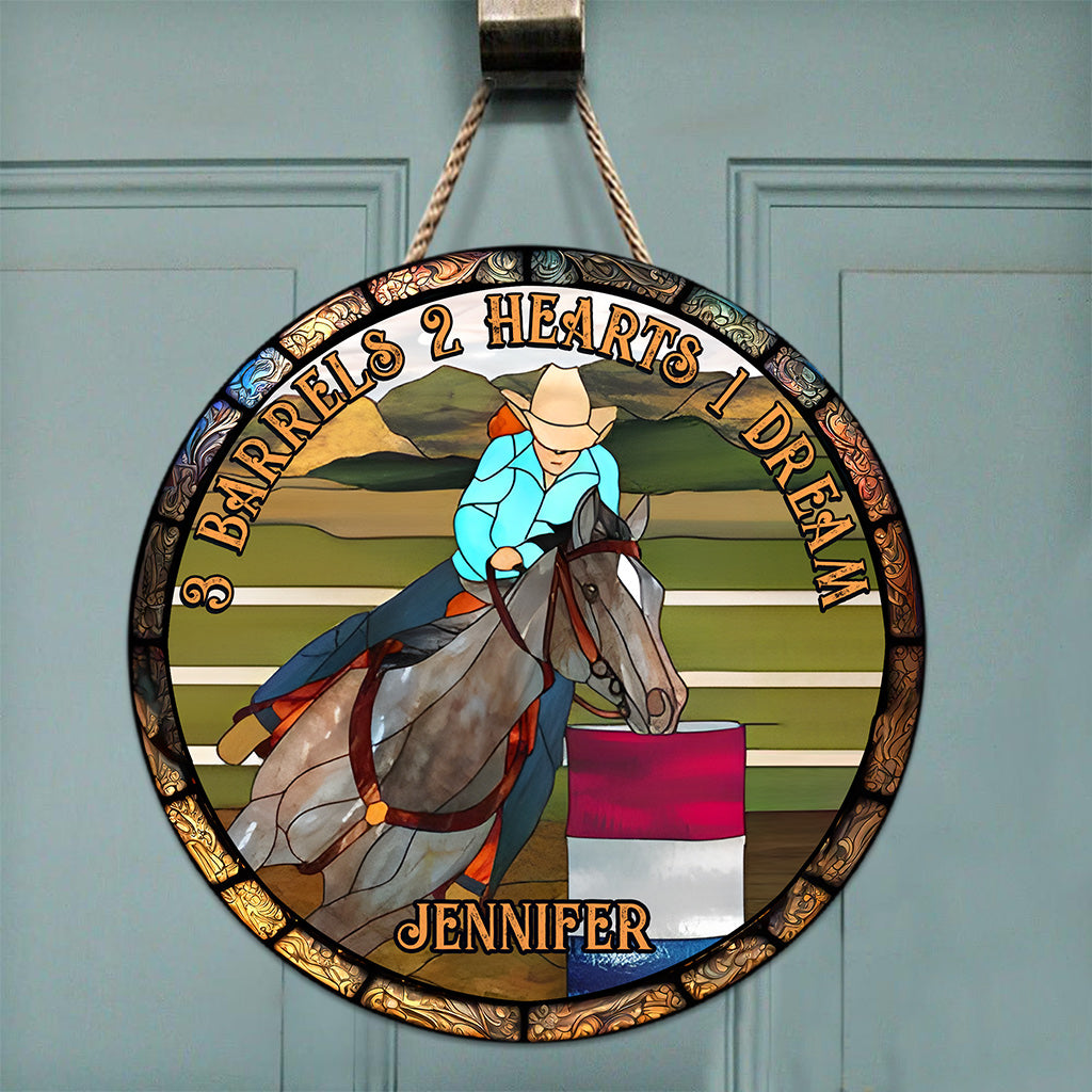3 Barils, 2 Cœurs, 1 Rêve - Panneau rond en bois personnalisé avec motif cheval