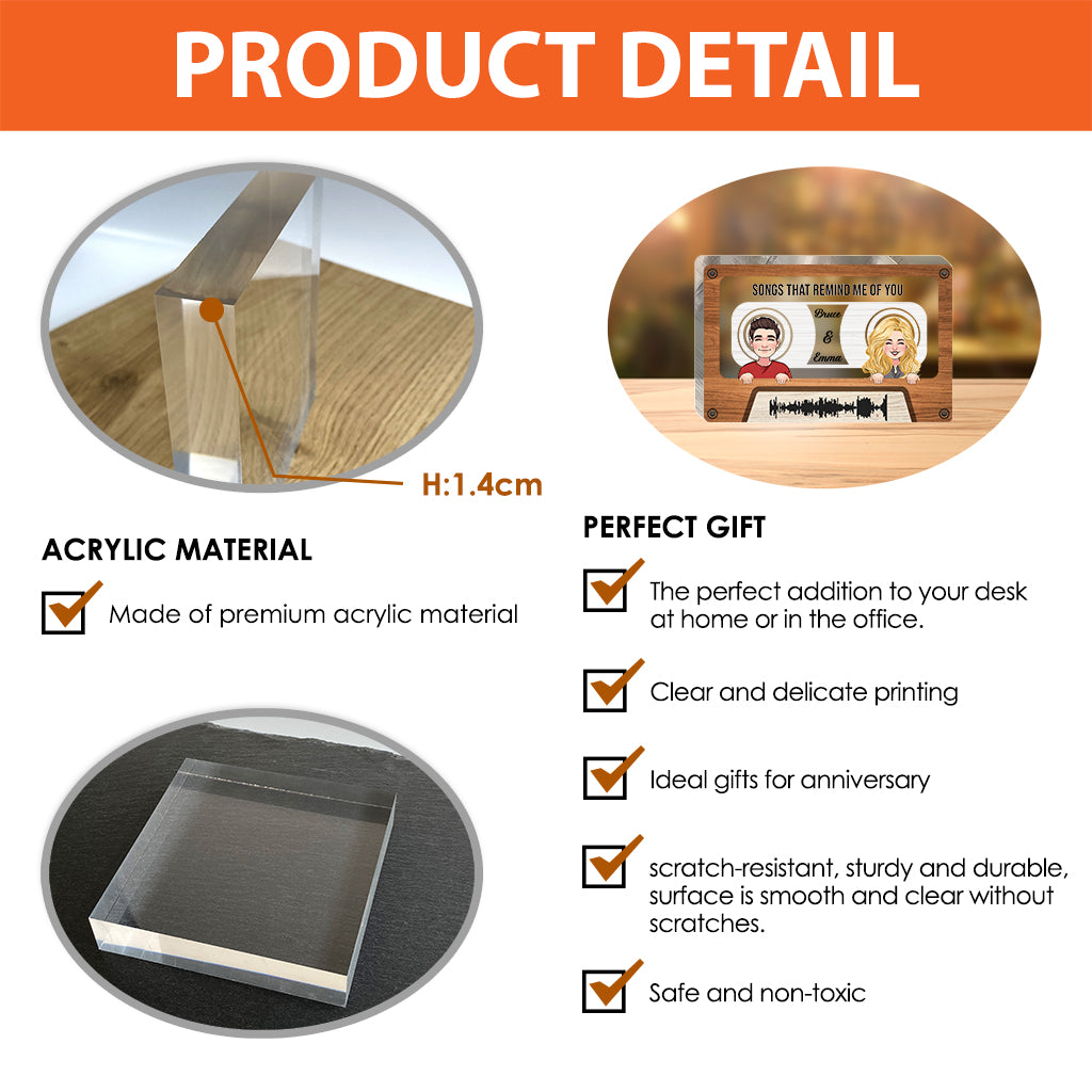 Chanson Remind Me Of You - Plaque acrylique personnalisée pour couple, en forme de pièce unique